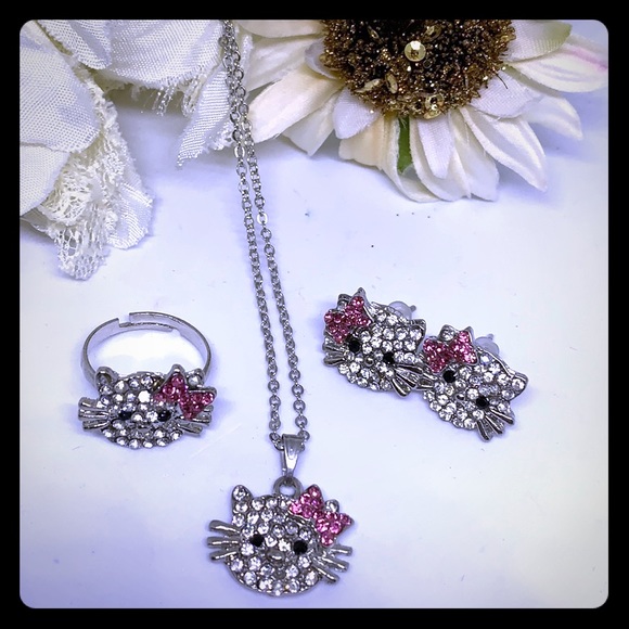 Crystal Kitty Necklace, Ring & Earring set -JW-118 - Picture 1 of 8